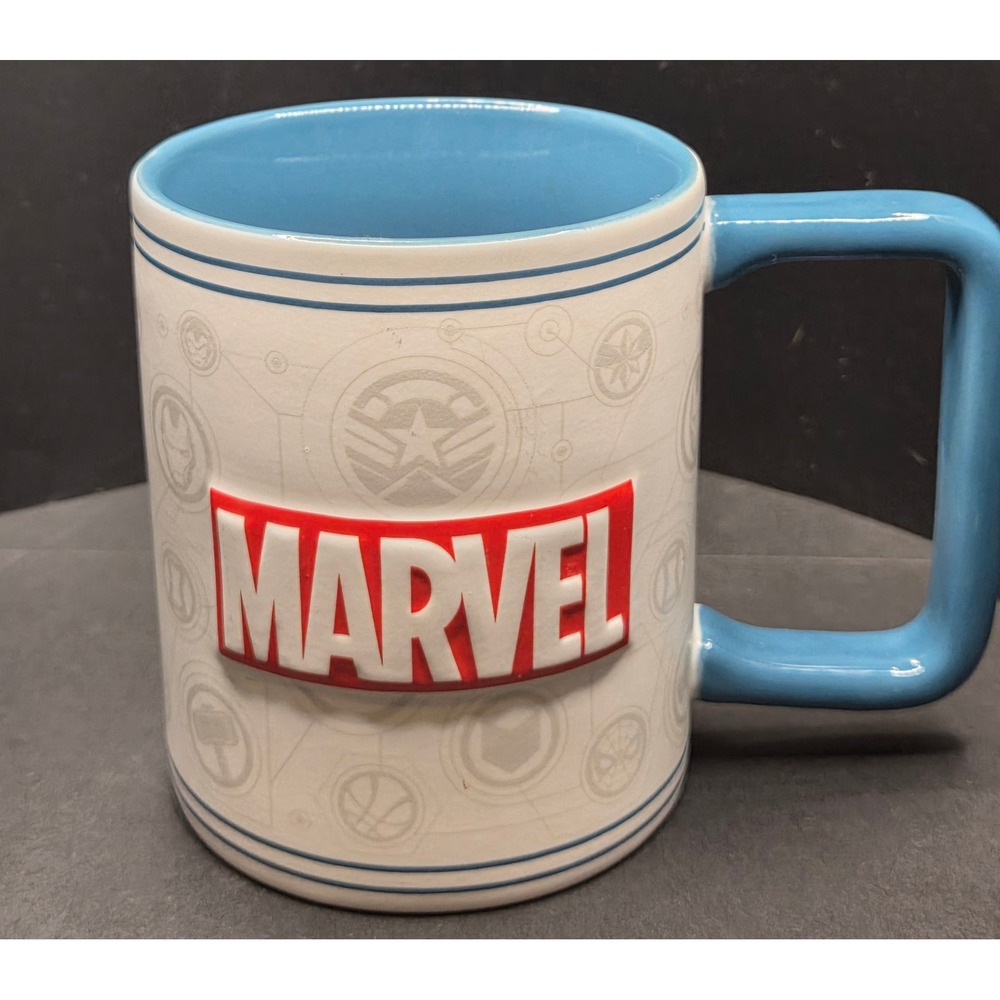 Marvel Avengers Stoneware Coffee Mug‎ 15oz Blue White Raised  Logo Disney Parks